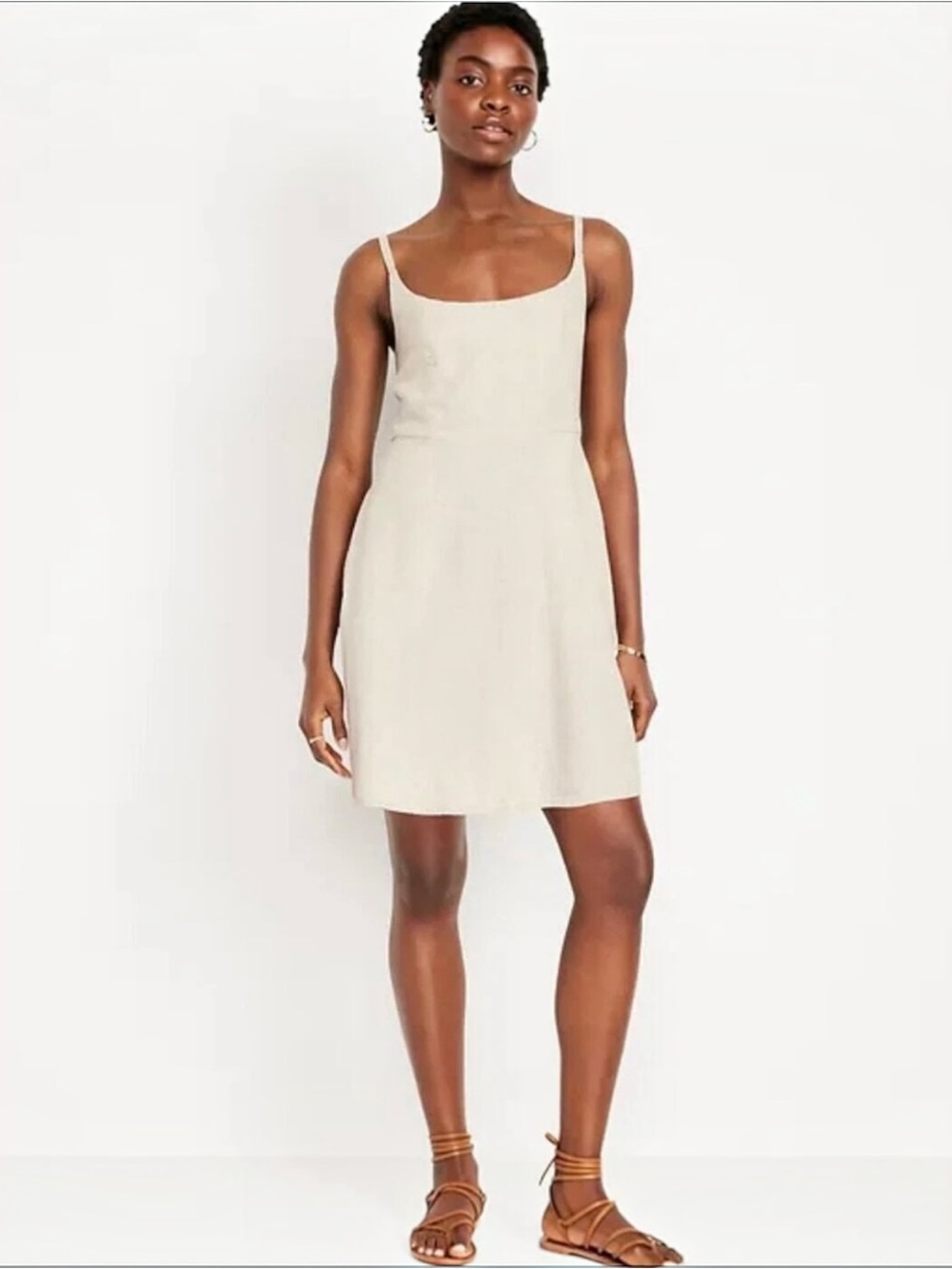 Old Navy XL Tall Linen Blend Fit & Flare Cami Mini Dress Natural Beige Pockets
